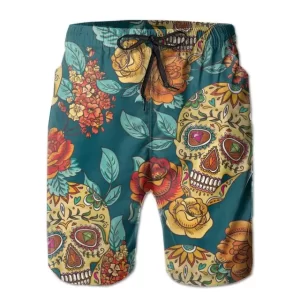 Vibrant Floral Sugar Skull Pattern Teal Men's Shorts