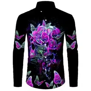 Vibrant Neon Skull Butterfly Men's Long Sleeve Dress Shirt