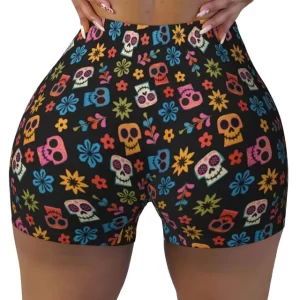 Vibrant Skull & Flower Pattern Black Women’s Biker Shorts