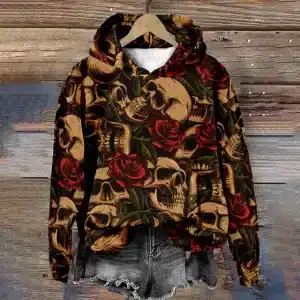 Vintage Gothic Skull Rose Pattern Women's Hoodie