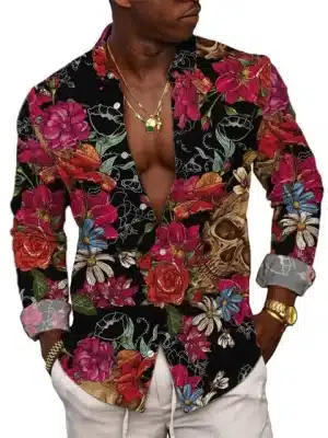 Vintage Old Skull Floral Pattern Men's Long Sleeve Dress Shirt