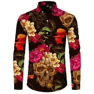 Vintage Skull Floral Garden Men's Long Sleeve Dress Shirt