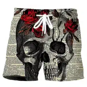 Vintage Skull & Rose Newspaper Graphic Print Swim Trunks