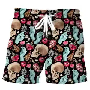 Vintage Tattoo-Inspired Skull and Heart Pattern Swim Trunks