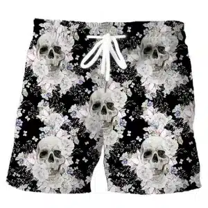 Vivid White Floral Skull Bouquet Black Men’s Shorts