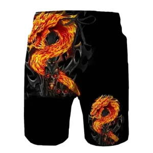 Warrior Flaming Dragon Skull Gothic Graphic Men's Shorts