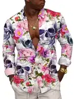 White Floral Garden Skull Print Men's Long Sleeve Dress Shirt