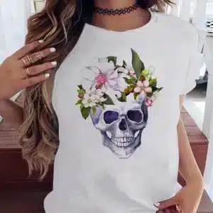 White Pink Floral Crown Skull Gothic Women's T-Shirt