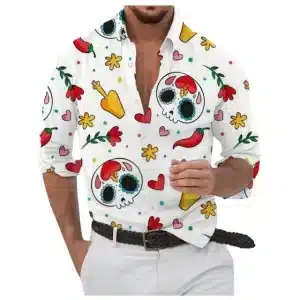 White Sugar Skull Fiesta Icons Men's Long Sleeve Dress Shirt