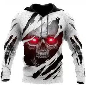 White Torn Red-Eyed Skull Rip Effect Dope Men’s Hoodie