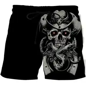 Wild West Cowboy Skull Snake Graphic Black Swim Trunks