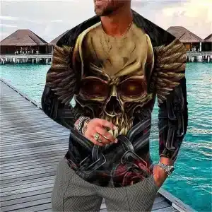 Winged Skull Flame Gothic Chain Men’s Long Sleeve T-Shirt