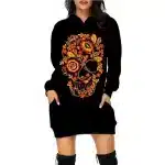 Abstract Autumn Floral Skull Art Black Hoodie Dress