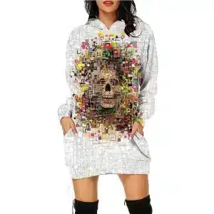 Abstract Mosaic Skull Art White Women's Hoodie Dress