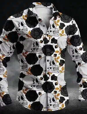 Black Rose Skull Graphic Print Men’s Long Sleeve Dress Shirt