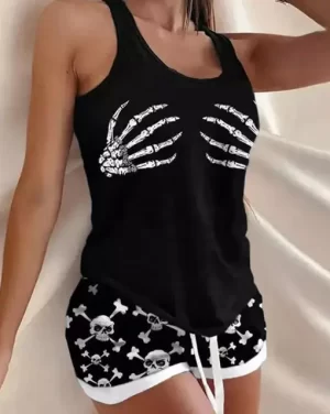 Black Skeleton Hands Skull Pattern Women’s Pajamas Set