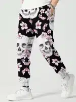 Black Skull & Pink Floral Graphic Men's Joggers