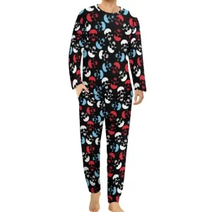 Blue and Red Skull Head Pattern Black Men’s Pajamas Set