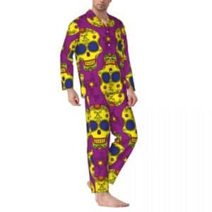 Bold Yellow & Purple Floral Sugar Skull Men’s Pajamas Set