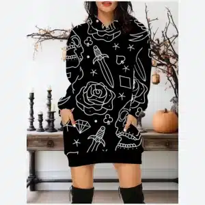 Cartoon Dagger & Rose Starry Skull Line Art Hoodie Dress