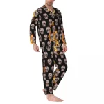 Classic Flame Skull Icons Print Black Men’s Pajamas Set