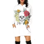 Classic Gothic Floral Skull Art White Women's Hoodie Dress