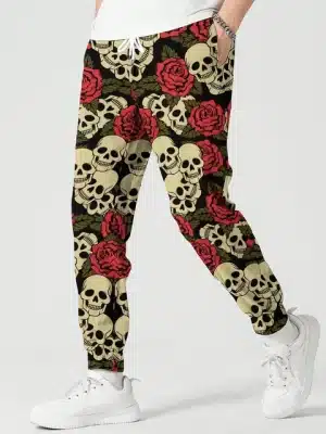 Classic Gothic Red Rose & Skull Pattern Men's Joggers