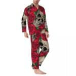 Classic Gothic Skull Red Rose Print Men’s Pajamas Set