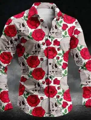 Classic Red Rose & Skull White Men’s Long Sleeve Dress Shirt