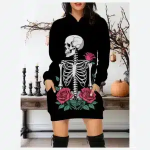 Classic Skeleton Red Roses Gothic Women's Hoodie Dress