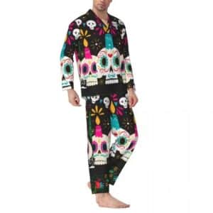 Colorful Candle Sugar Skull Black Men’s Pajamas Set