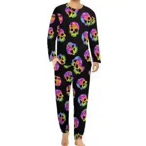 Colorful Cracked Sugar Skull Icons Black Men’s Pajamas Set