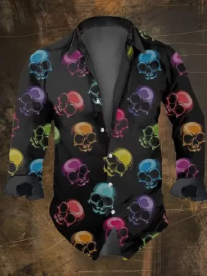 Colorful Neon Skull Pattern Men’s Long Sleeve Dress Shirt