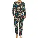 Colorful Sugar Skull Floral Cat Black Men’s Pajamas Set