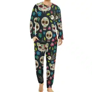 Colorful Sugar Skull Floral Cat Black Men’s Pajamas Set