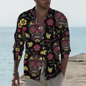 Colorful Sugar Skull Floral Men’s Long Sleeve Dress Shirt