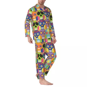 Colorful Sugar Skull Patchwork Pattern Men’s Pajamas Set