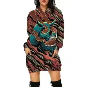 Cosmic Demon Skull Color Wave Print Women's Hoodie Dress