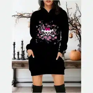 Cute Bow Skull Crossbones Pink Splatter Black Hoodie Dress