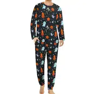 Cute Ghost Pumpkin Skull Pattern Black Men’s Pajamas Set