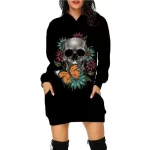 Dark Floral Skull & Butterfly Gothic Black Hoodie Dress