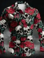 Dark Floral Skull & Red Rose Men’s Long Sleeve Dress Shirt