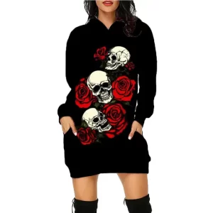 Dark Gothic Skulls and Roses Black Women's Hoodie Dress