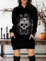 Dark Mystic Floral Skull Vines Women's Hoodie Dress