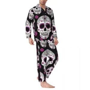 Elegant Sugar Skull Purple Floral Black Men’s Pajamas Set