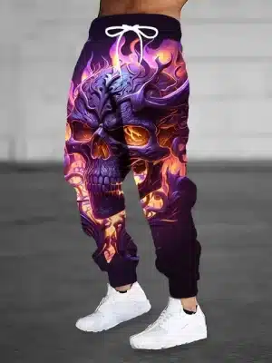 Enchanted Fiery Purple Skull Flame Horror Men's Joggers