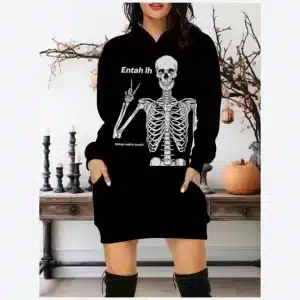 Entah Ih Statement Skeleton Peace Sign Hoodie Dress