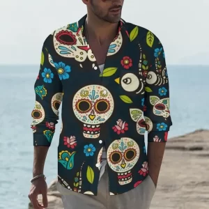 Festive Floral Sugar Skull Black Men’s Long Sleeve Dress Shirt