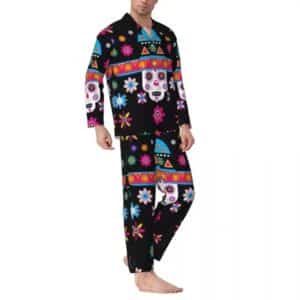 Festive Floral Sugar Skull Graphic Black Men’s Pajamas Set