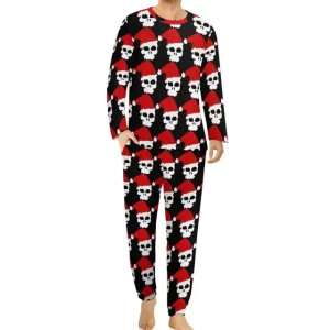 Festive Skull Santa Hat Black Men’s Pajamas Set